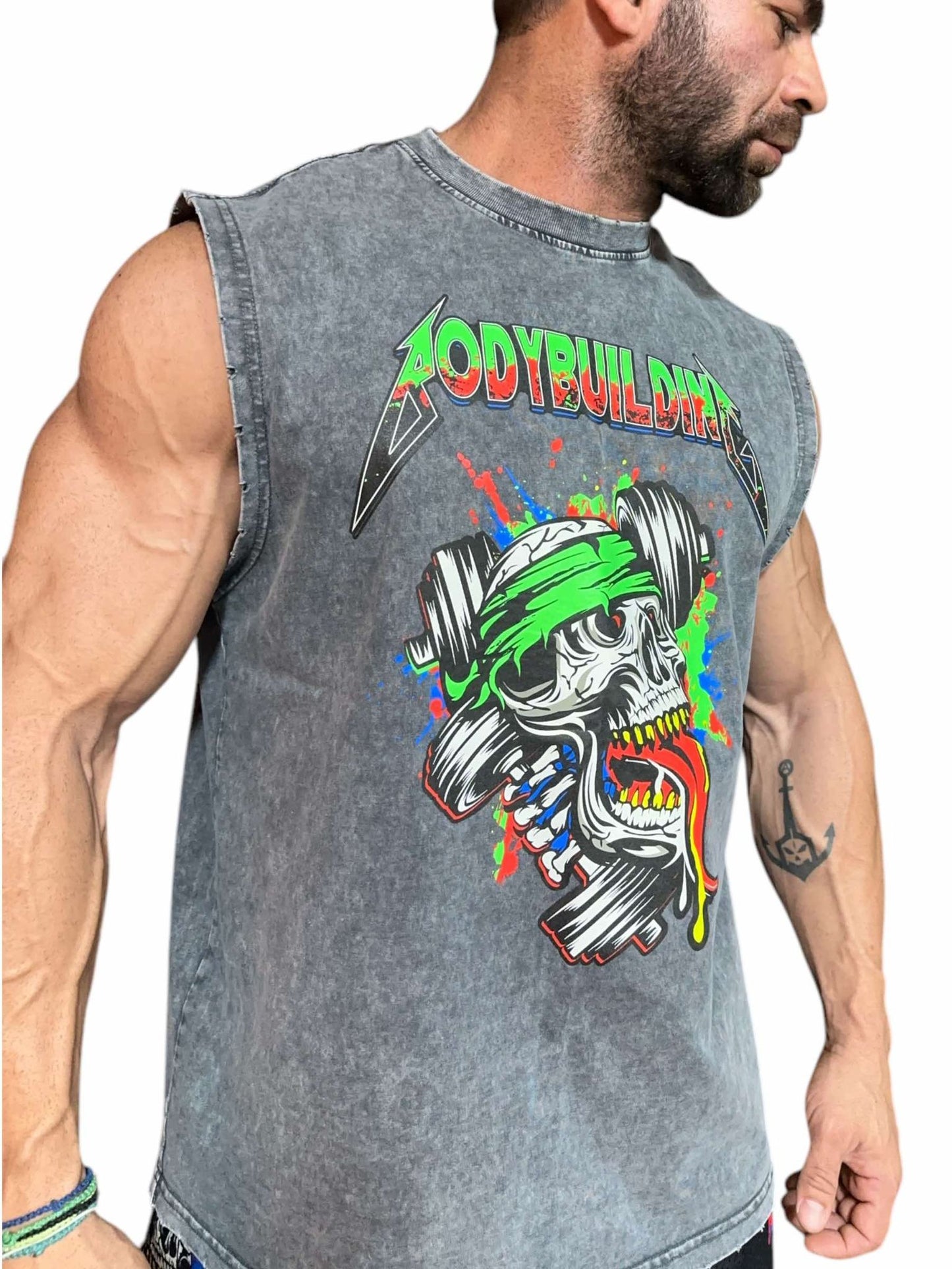 GREY ACID WASH SLEEVELESS TEE - GREEN NEON METALLICA LOGO