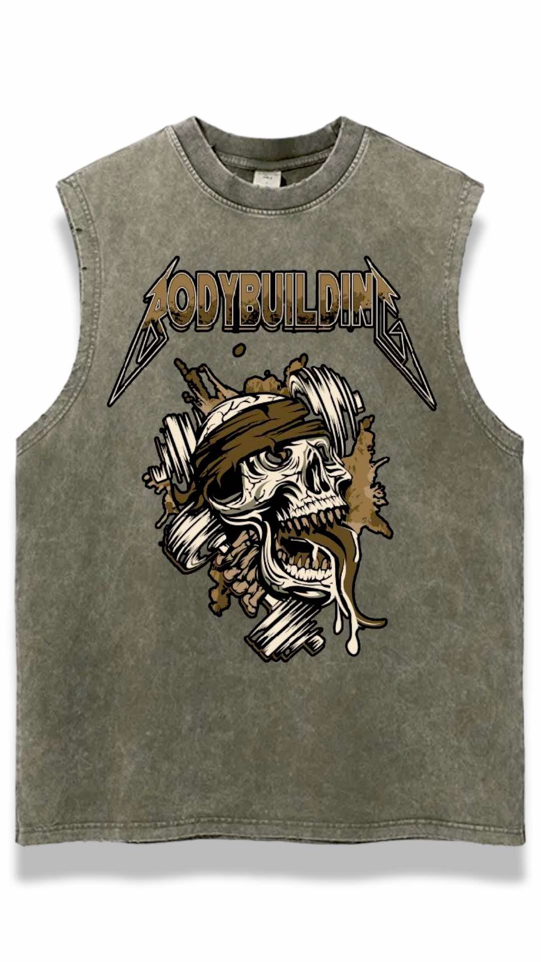 MILITARY GREEN ACID WASH SLEEVELESS TEE - BROWN METALLICA LOGO