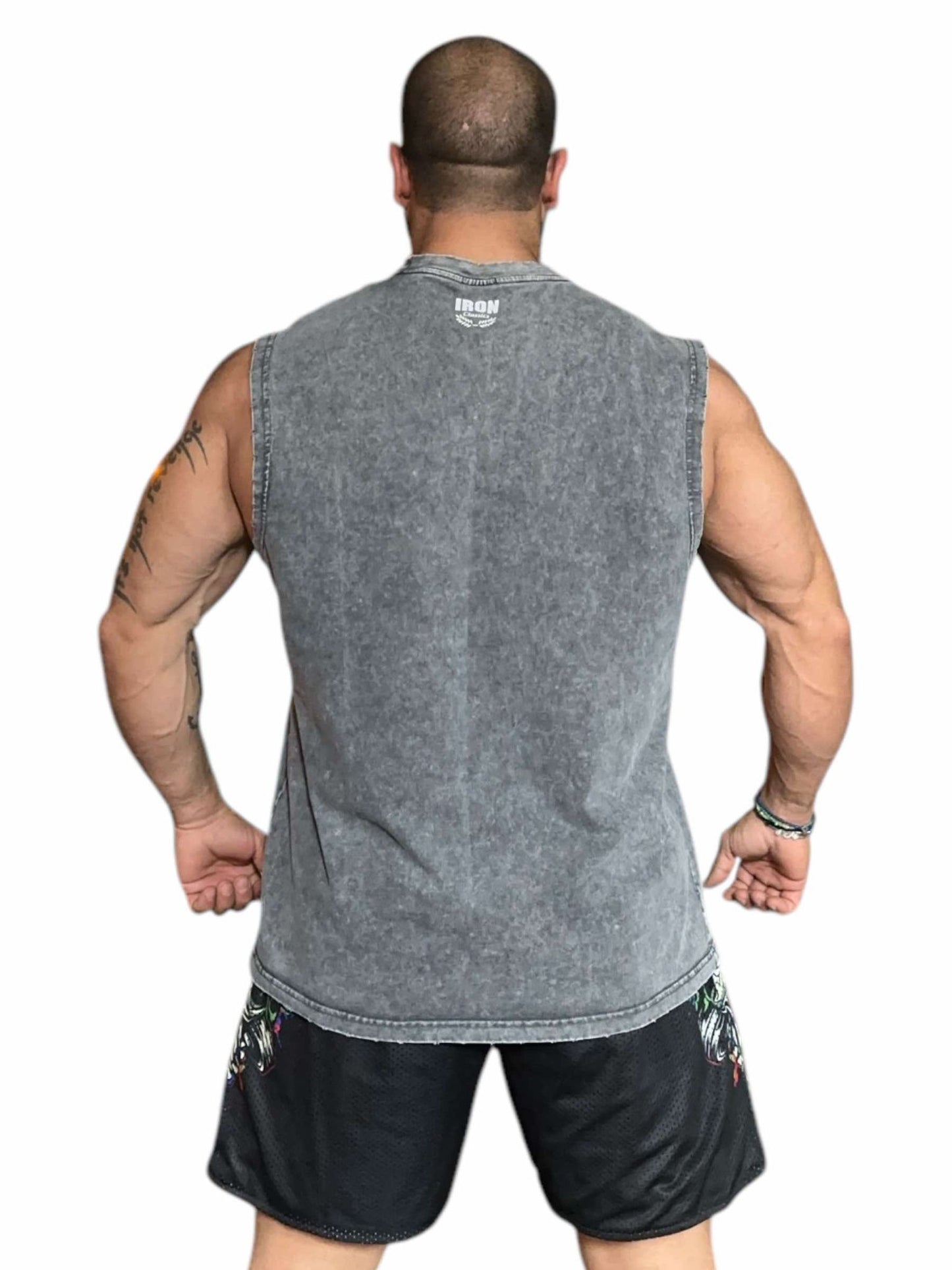 GREY ACID WASH SLEEVELESS TEE - GREEN NEON METALLICA LOGO