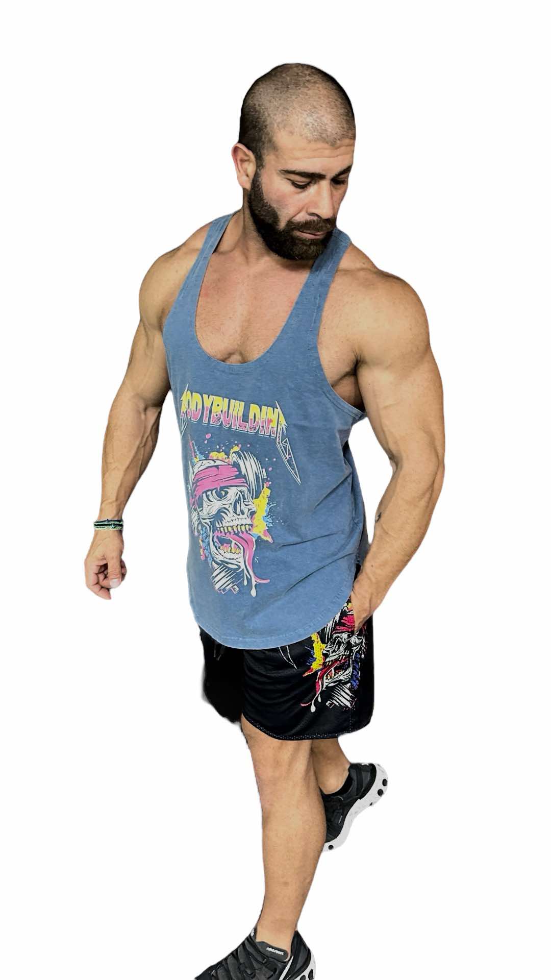 LIGHT BLEU ACID WASH TANK TOP - PINK METALLICA LOGO