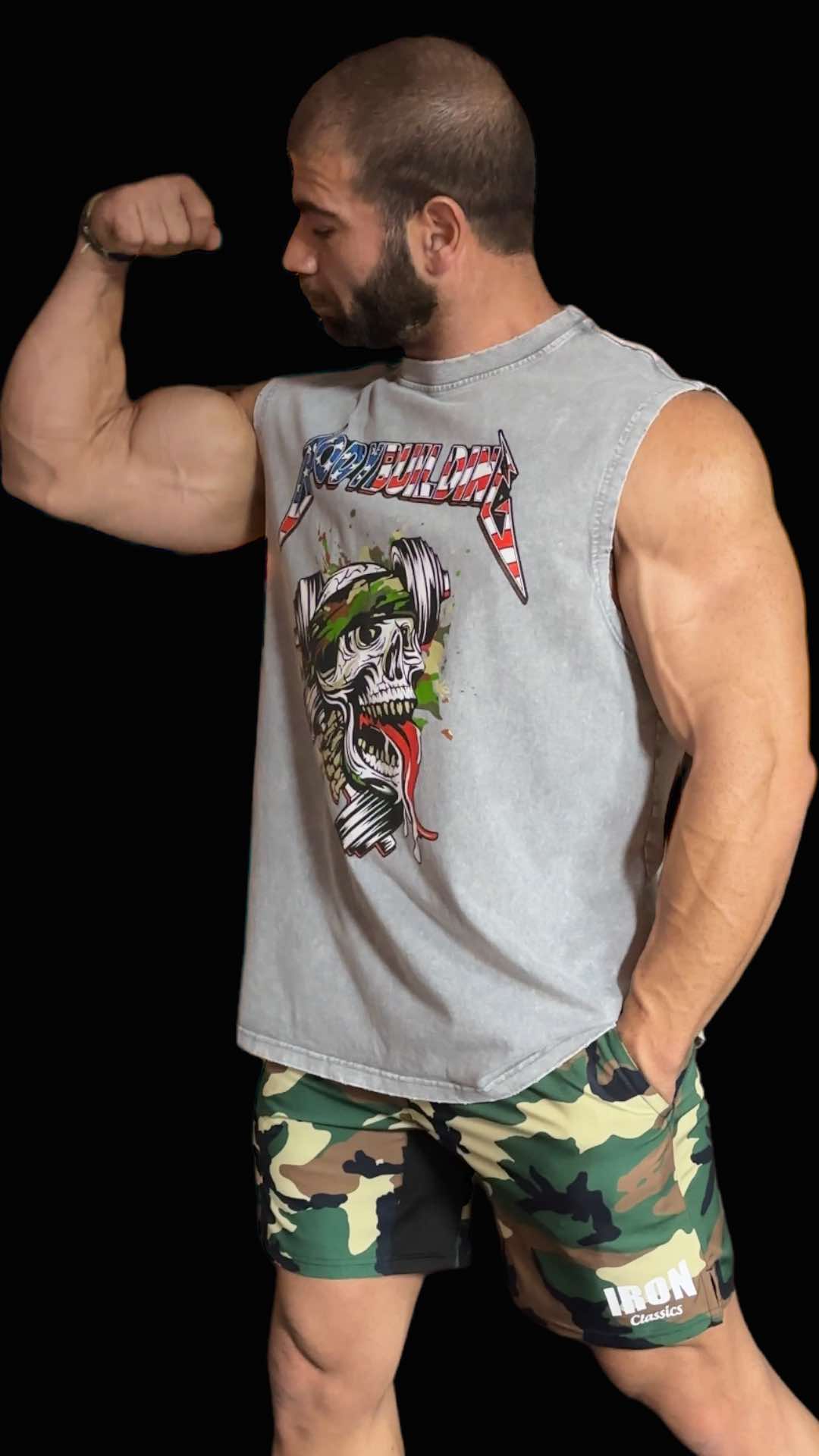LIGHT GREY ACID WASH SLEEVELESS TEE - CAMO METALLICA LOGO