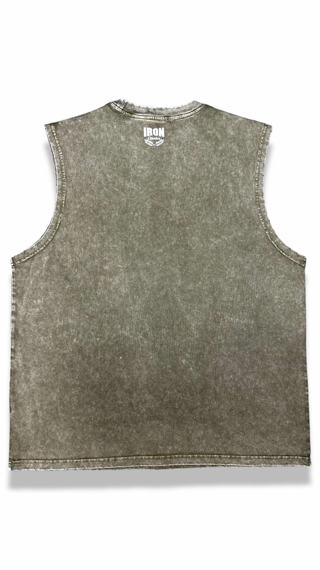 MILITARY GREEN ACID WASH SLEEVELESS TEE - BROWN METALLICA LOGO