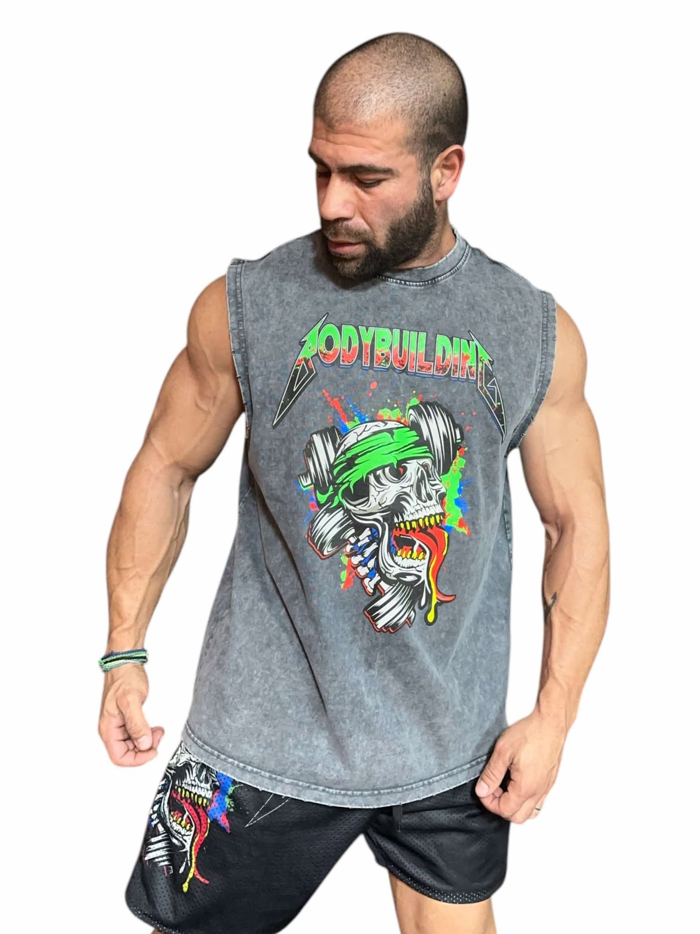 GREY ACID WASH SLEEVELESS TEE - GREEN NEON METALLICA LOGO