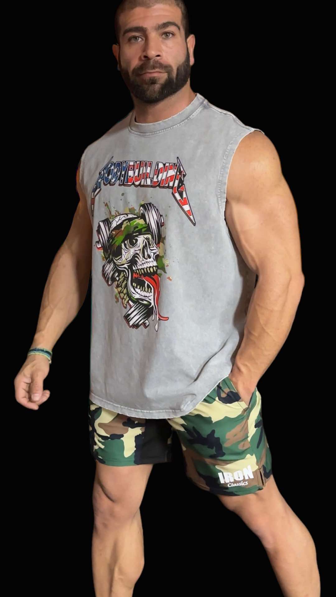 LIGHT GREY ACID WASH SLEEVELESS TEE - CAMO METALLICA LOGO