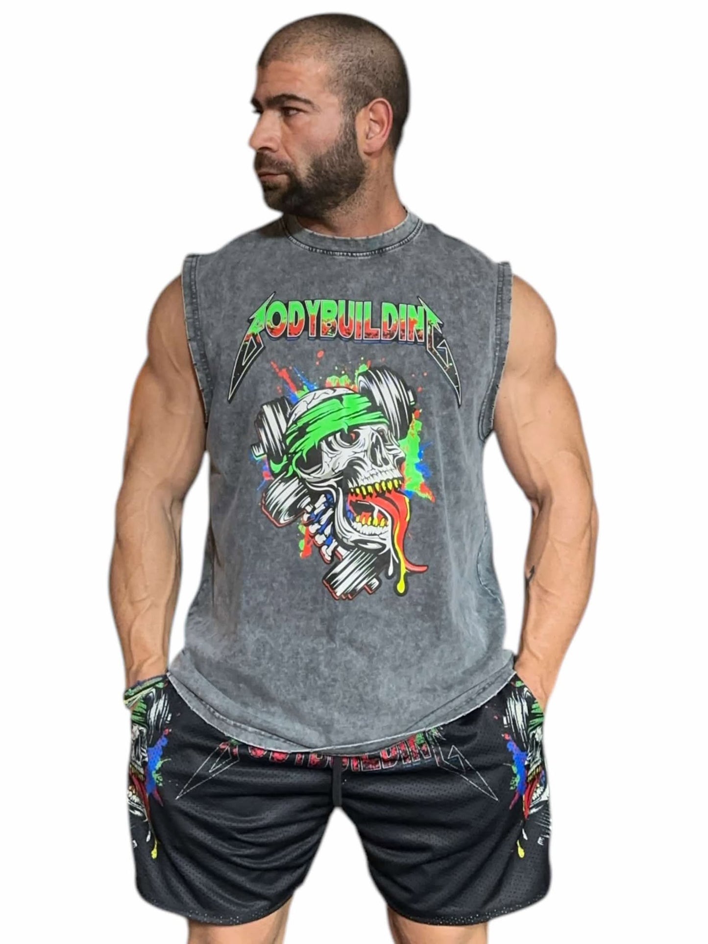 GREY ACID WASH SLEEVELESS TEE - GREEN NEON METALLICA LOGO