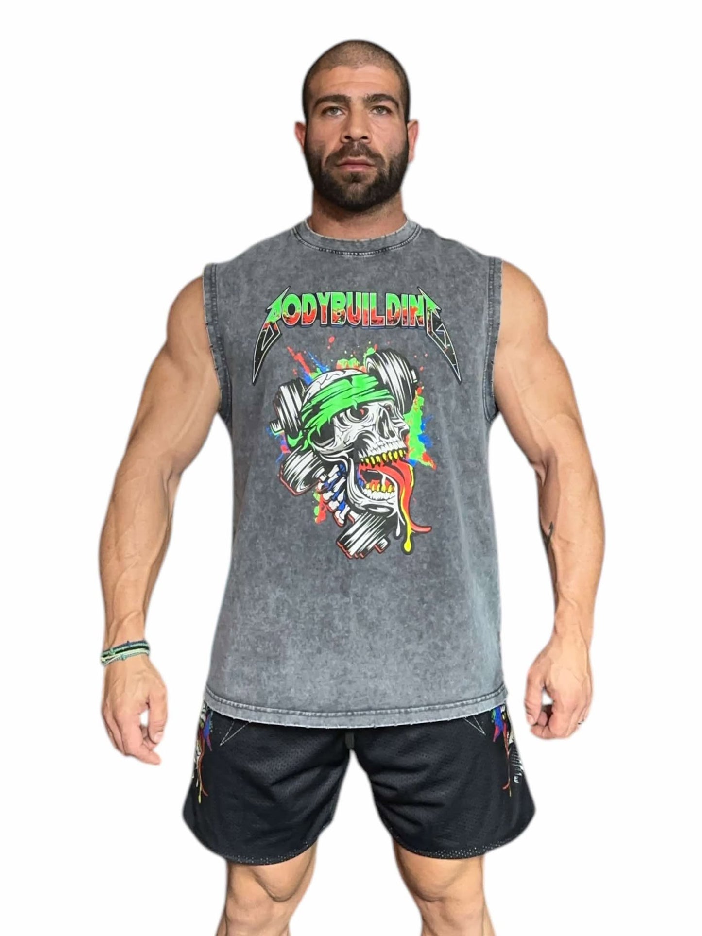 GREY ACID WASH SLEEVELESS TEE - GREEN NEON METALLICA LOGO