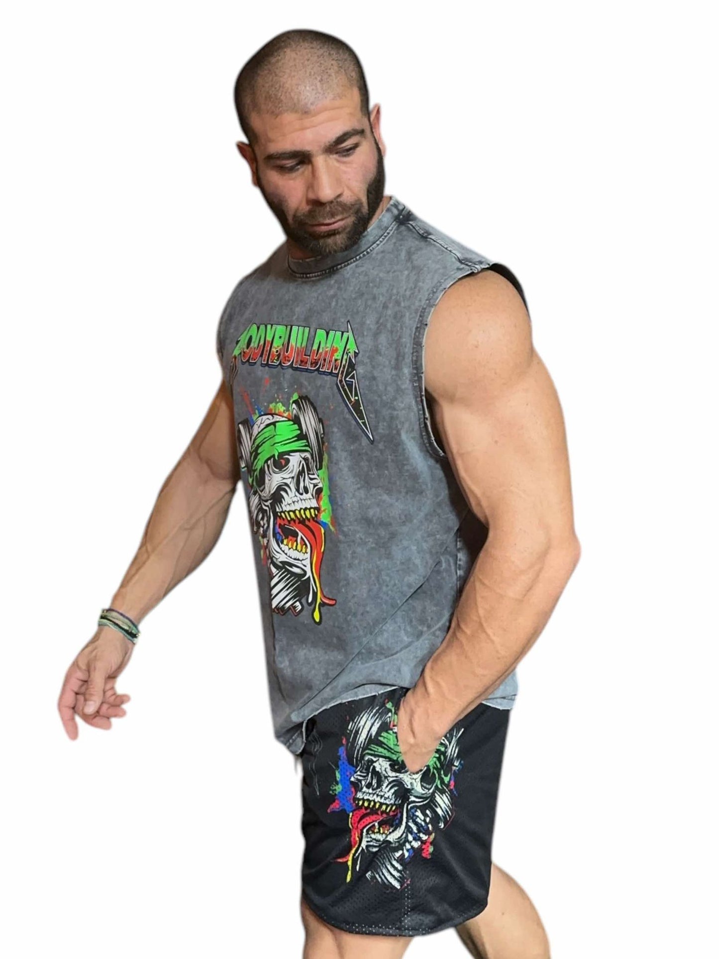GREY ACID WASH SLEEVELESS TEE - GREEN NEON METALLICA LOGO