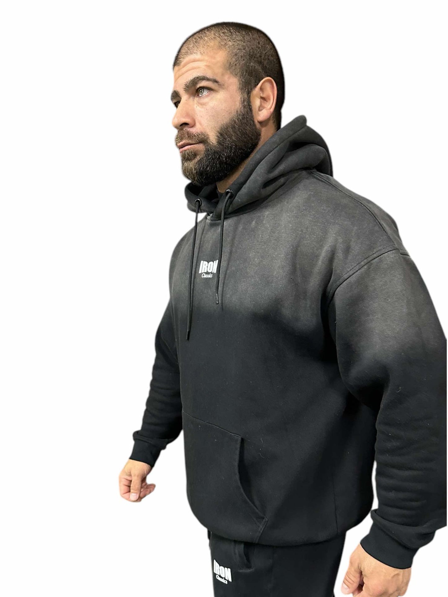 BLACK HALF AND HALF ACID WASH OVERSIZED HOODIE - SMALL IC LOGO