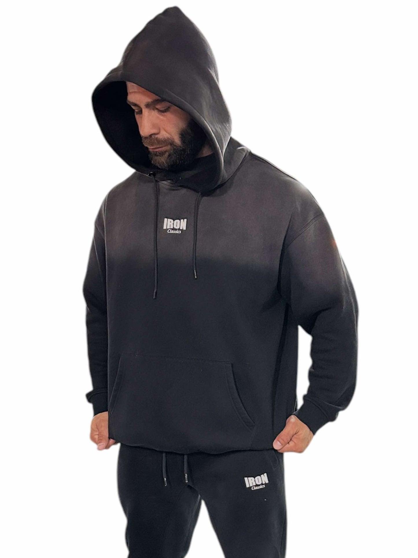 BLACK HALF AND HALF ACID WASH OVERSIZED HOODIE - SMALL IC LOGO
