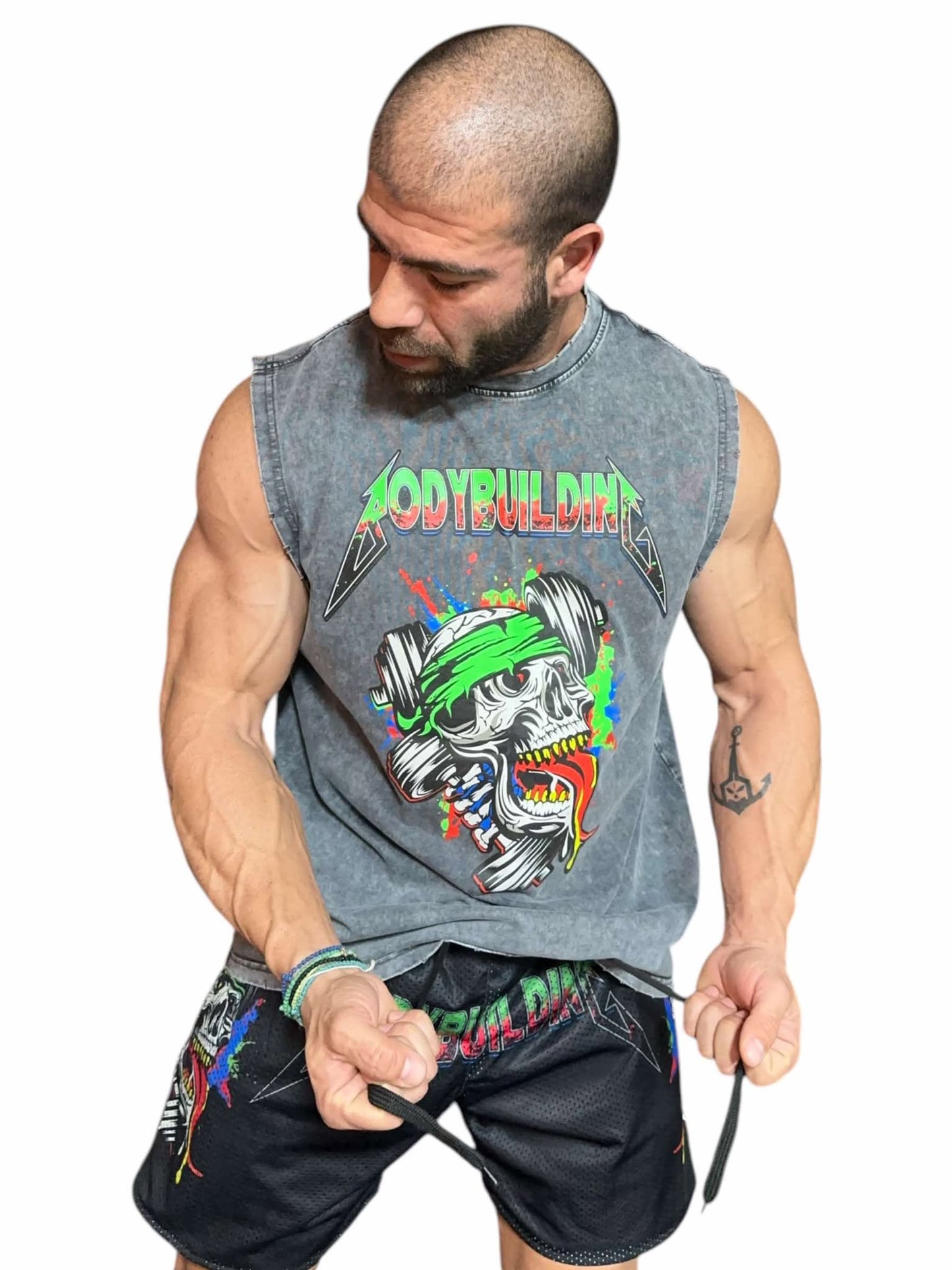 GREY ACID WASH SLEEVELESS TEE - GREEN NEON METALLICA LOGO