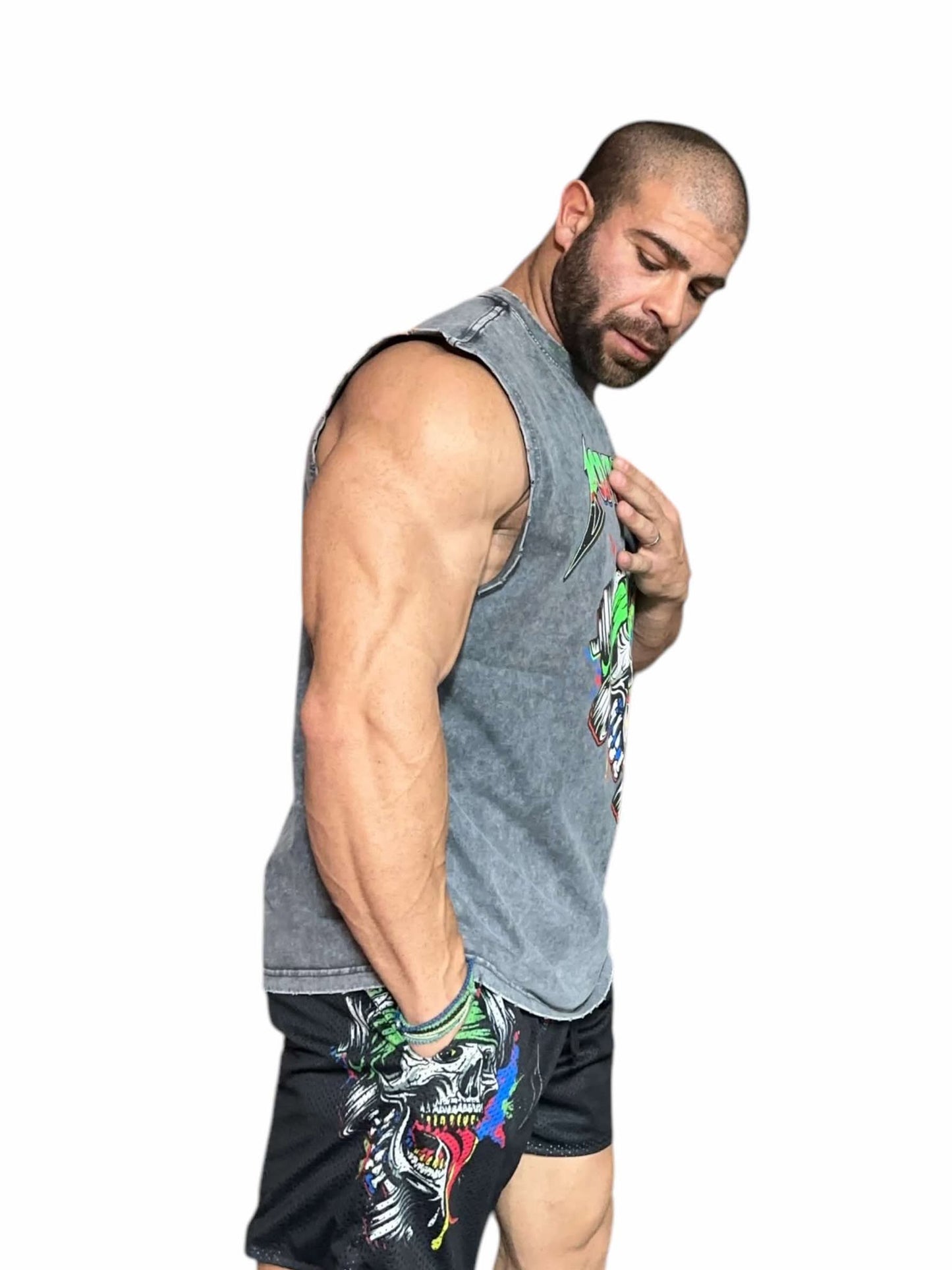 GREY ACID WASH SLEEVELESS TEE - GREEN NEON METALLICA LOGO