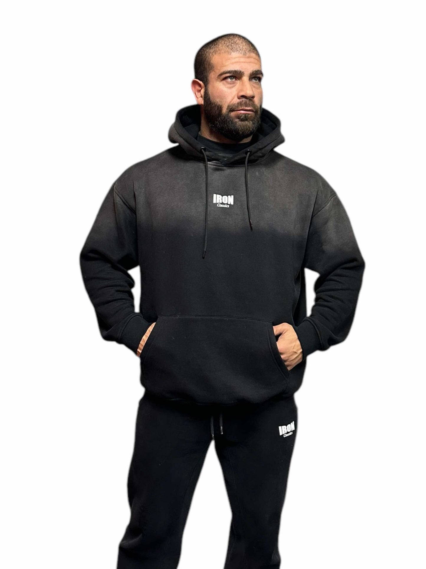 BLACK HALF AND HALF ACID WASH OVERSIZED HOODIE - SMALL IC LOGO