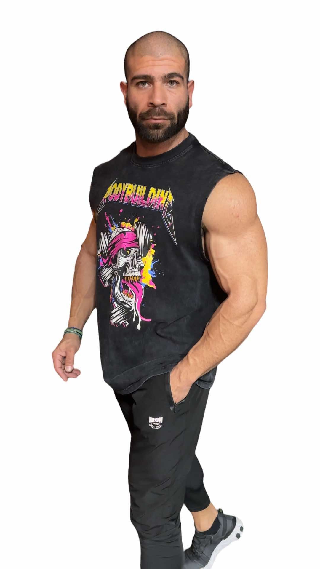 BLACK ACID WASH SLEEVELESS TEE - PINK METALLICA LOGO