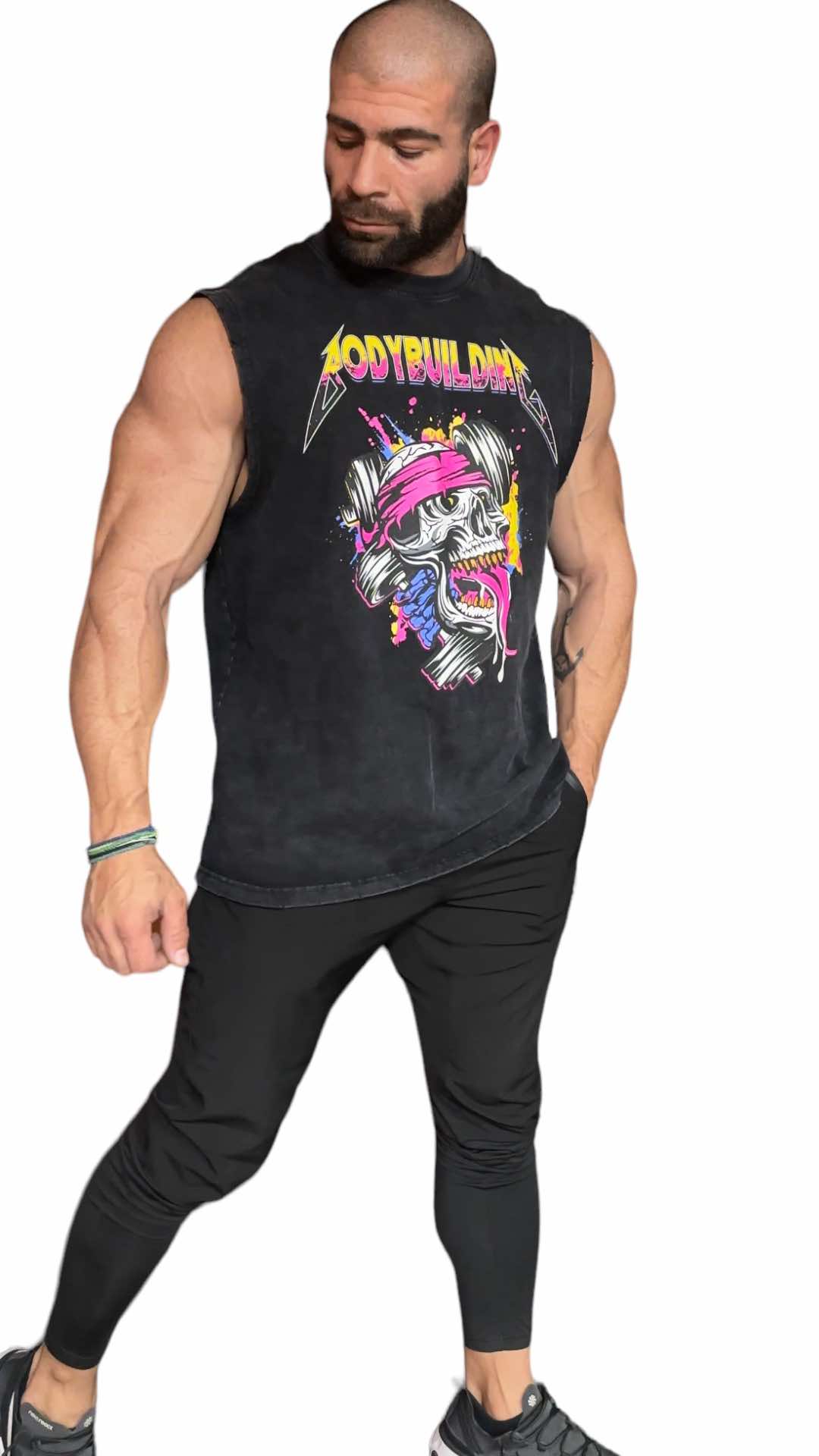 BLACK ACID WASH SLEEVELESS TEE - PINK METALLICA LOGO