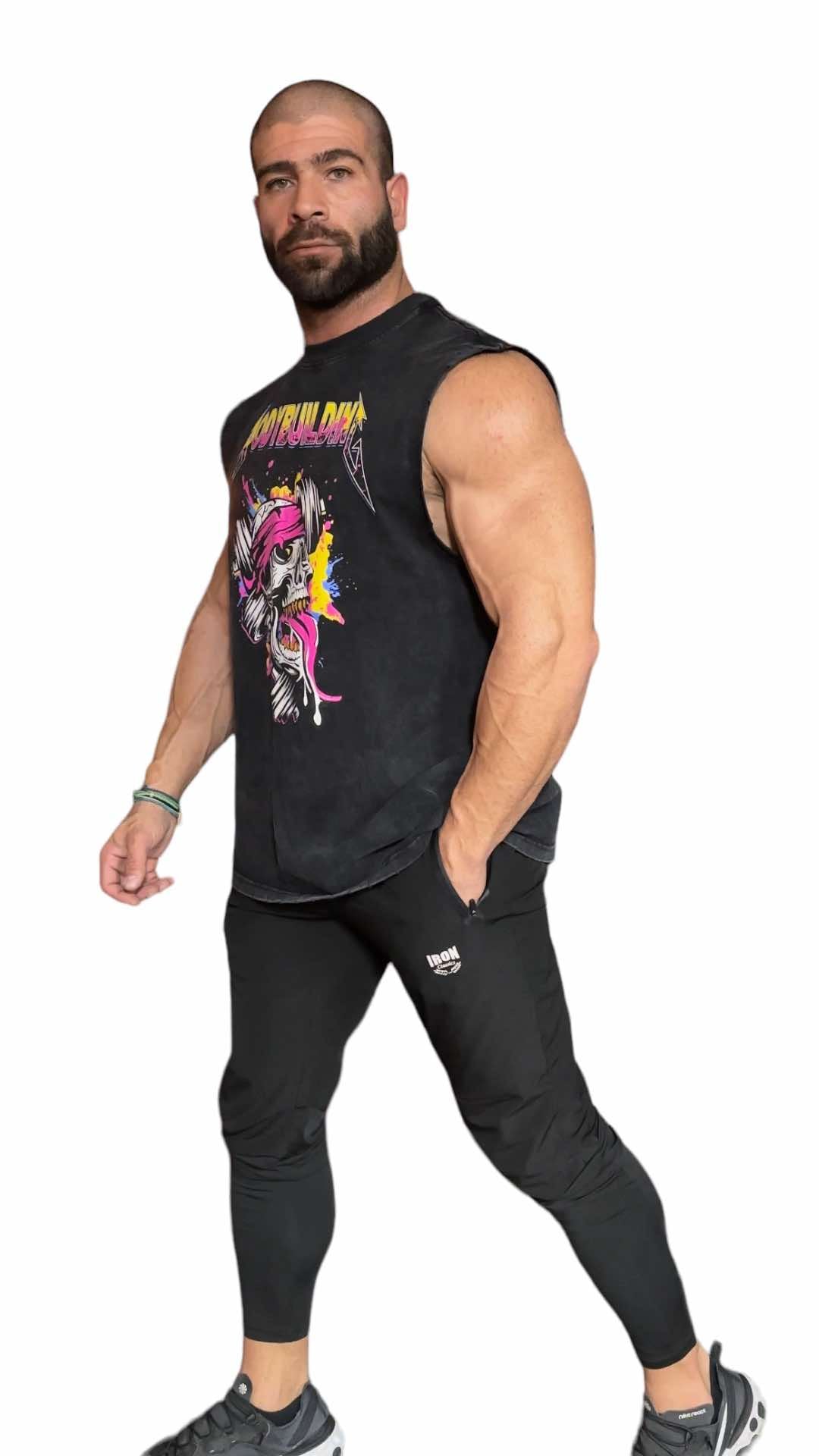 BLACK ACID WASH SLEEVELESS TEE - PINK METALLICA LOGO
